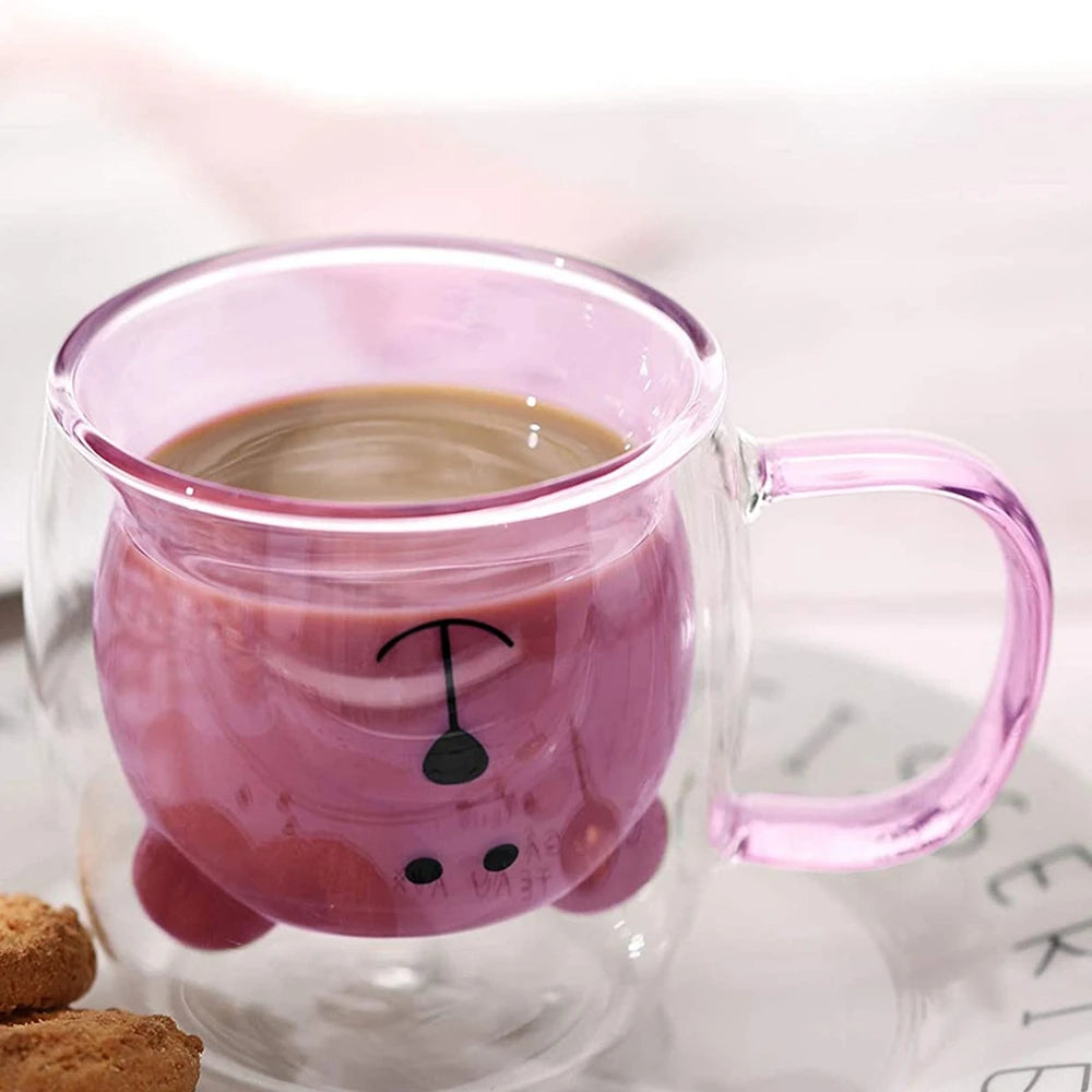 Mug à café double ours mignon avec poignée, tasse transparente mignonne pour lait jus thé