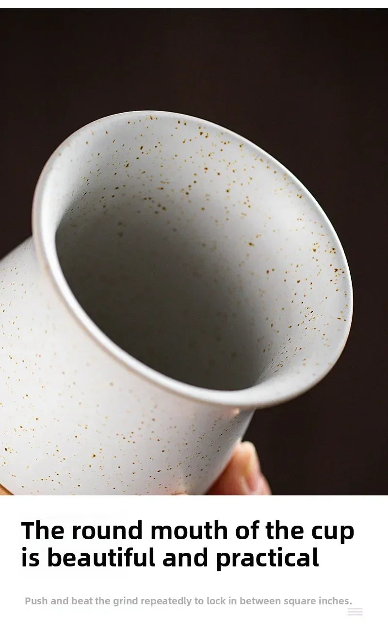 Mug à café vintage en grès avec soucoupe en bois - Céramique artisanale