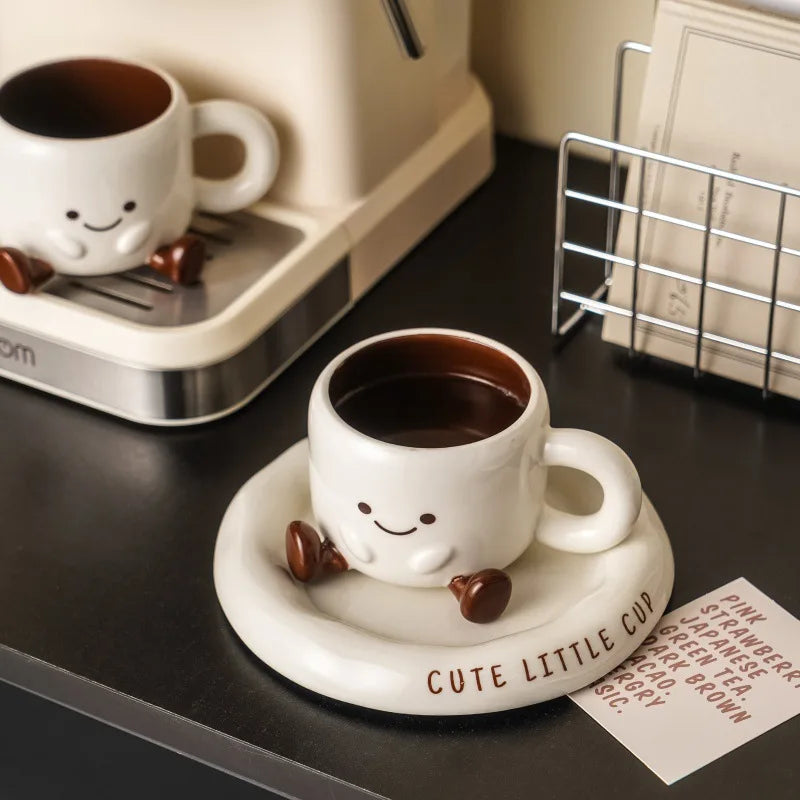 Tasse à café en céramique mignonne avec soucoupe motif smiley dessin animé créatif