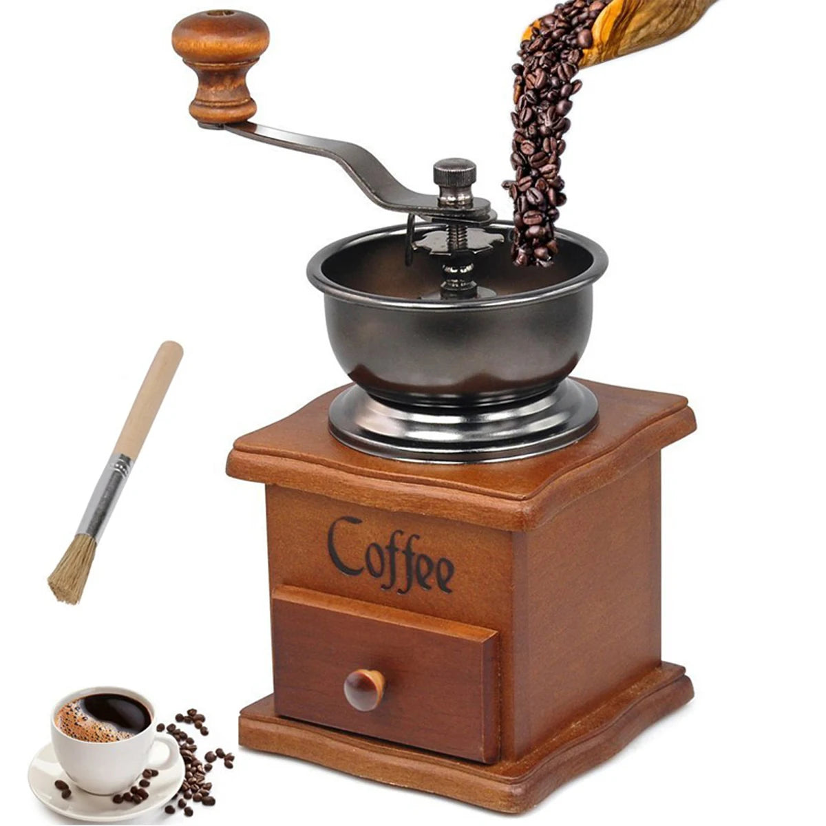Moulin à café manuel en bois avec poignée en acier inoxydable de style rétro pour épices et grains