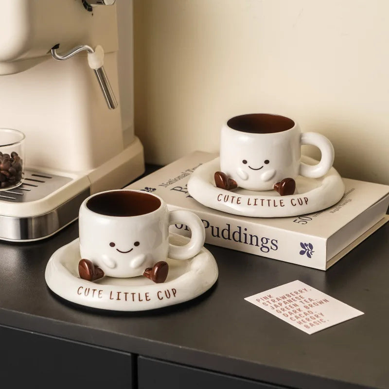 Tasse à café en céramique mignonne avec soucoupe motif smiley dessin animé créatif