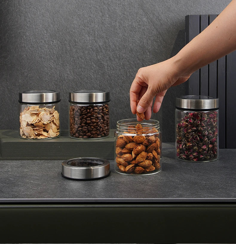 Bocal de rangement en verre transparent européen Bouteille de rangement pour grains de thé et café de cuisine
