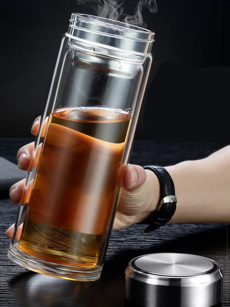 Bouteilles de thé en verre étanches avec infuseur Tasse à double paroi en acier inoxydable