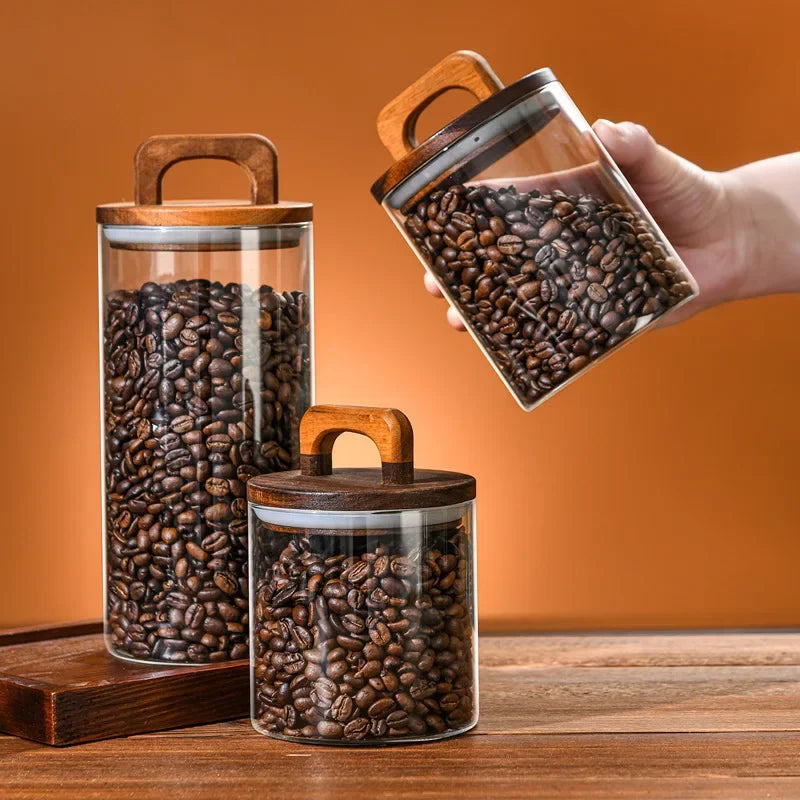 Bocal en verre avec couvercle en bois 1 pièce, récipient alimentaire hermétique, pour grains de café, cuisine