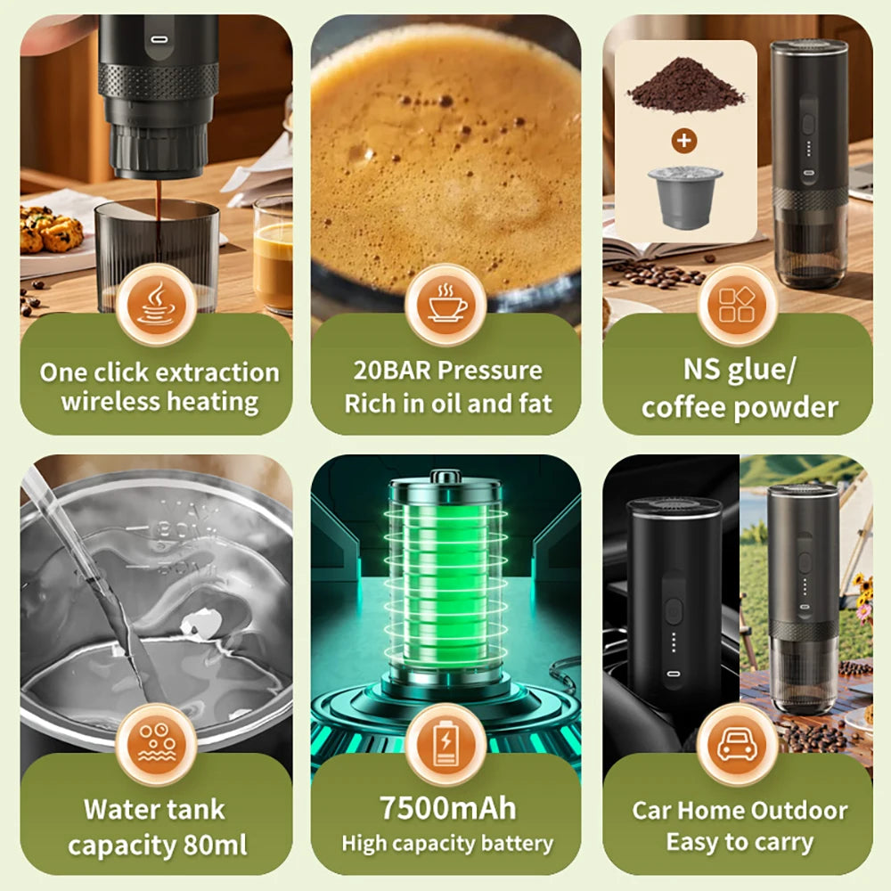 Machine à café expresso électrique sans fil 2 en 1 pour voiture et camping
