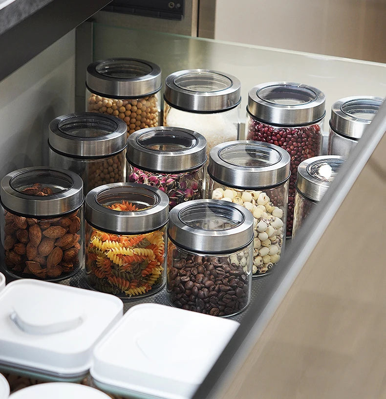 Bocal de rangement en verre transparent européen Bouteille de rangement pour grains de thé et café de cuisine