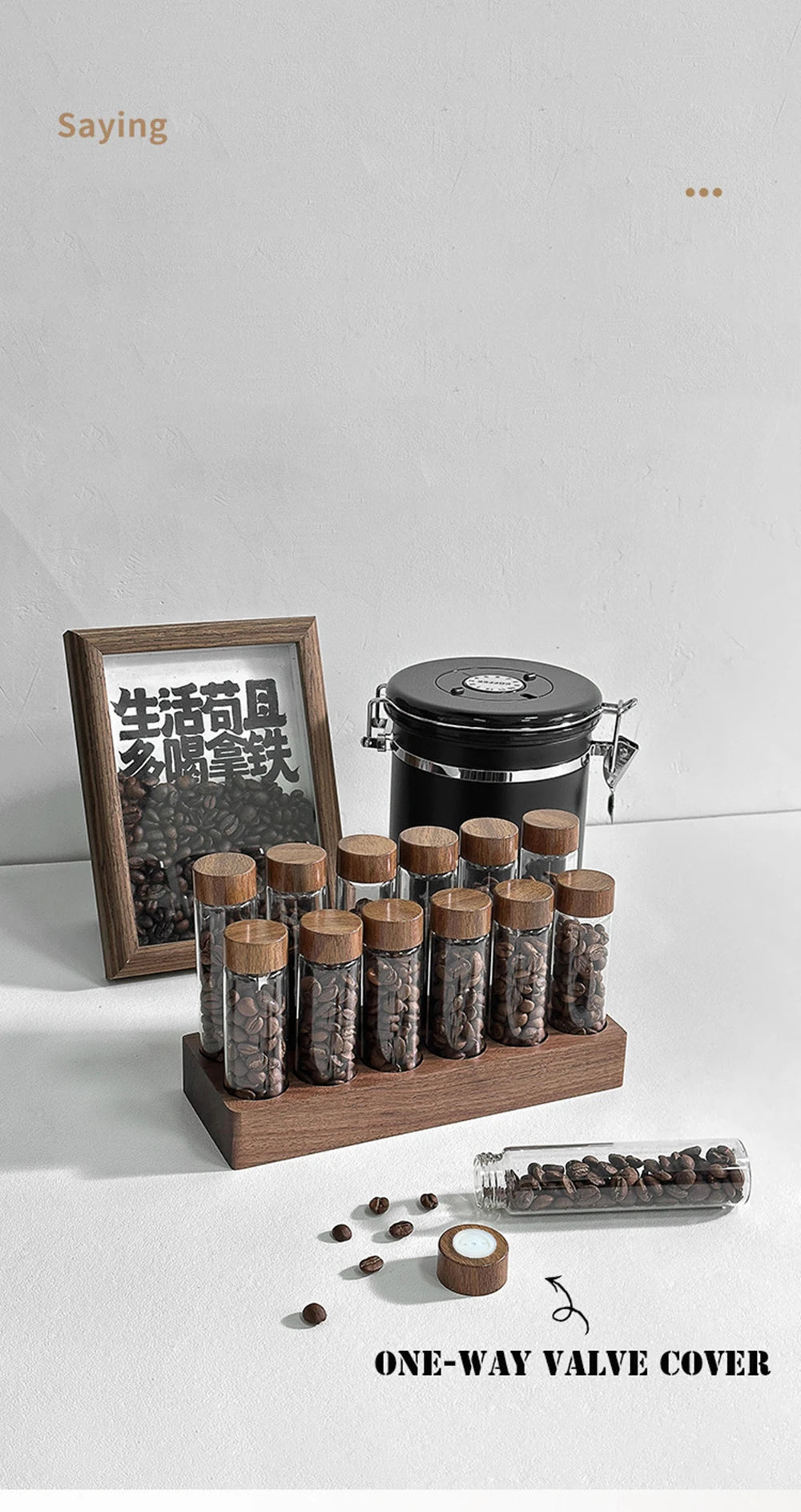 Présentoir de rangement pour grains de café en noyer, tube à thé, bouteille en verre