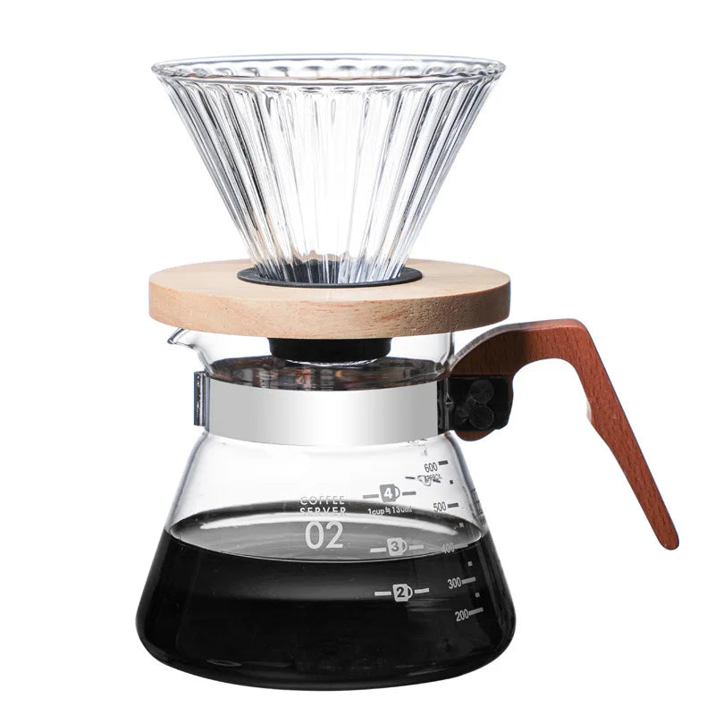 Pichet verseur à café en verre avec poignée en bois, cafetière en verre borosilicaté