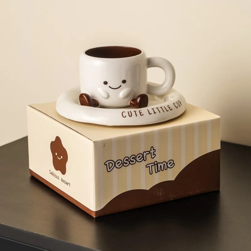 Tasse à café en céramique mignonne avec soucoupe motif smiley dessin animé créatif