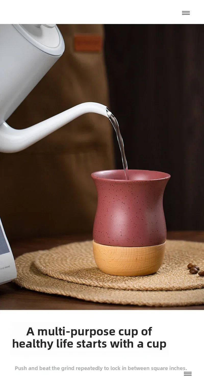 Mug à café vintage en grès avec soucoupe en bois - Céramique artisanale