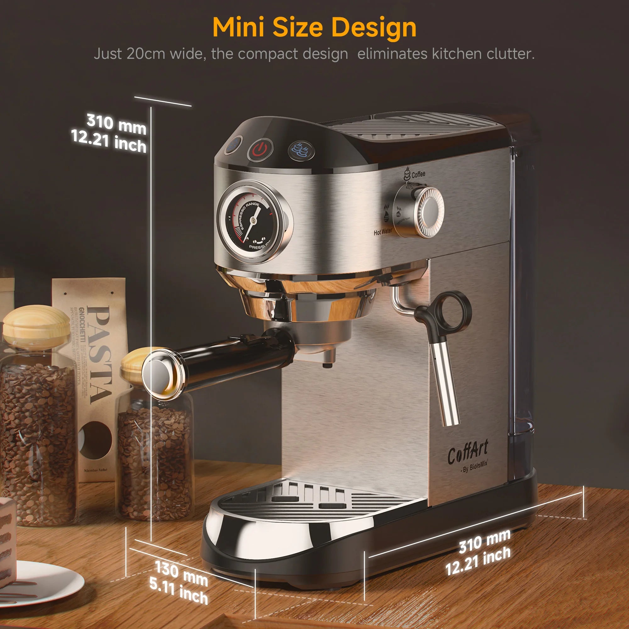 BioloMix 20 Bar Stainless Steel Semi-Automatic Coffee Machine with Milk Frother Wand for Espresso Cappuccino And Powder Coffee