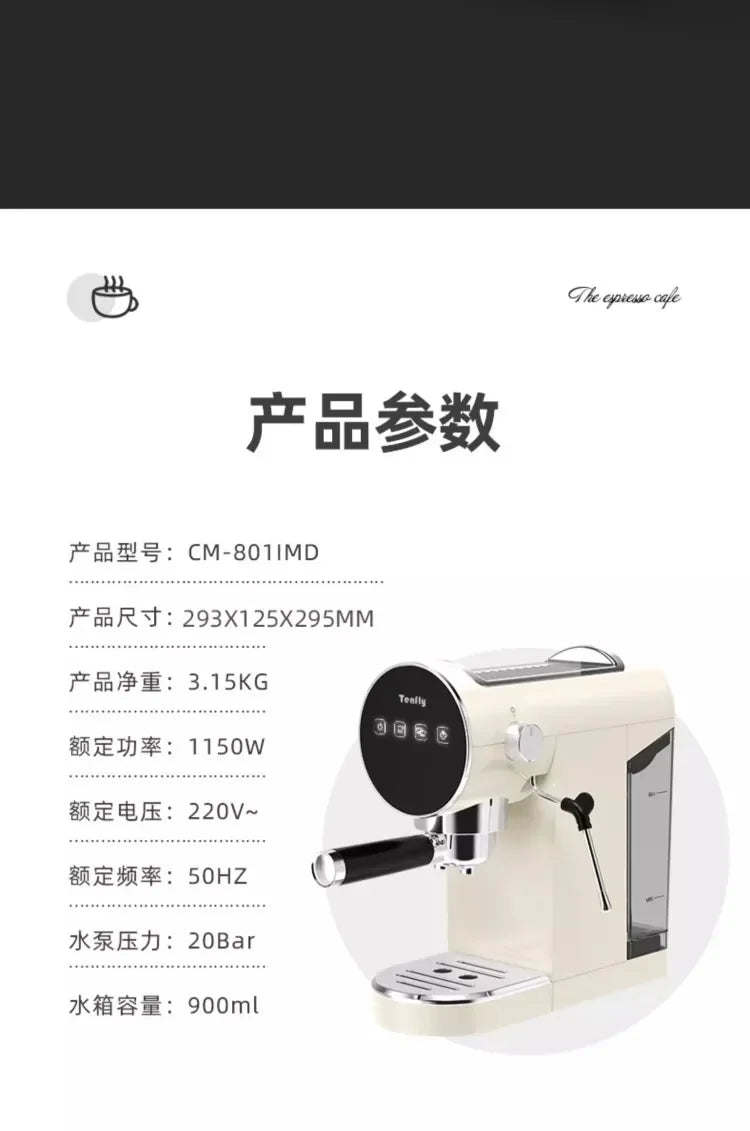 Machine à expresso semi-automatique Tenfly avec pompe 20 bars, compacte pour la maison