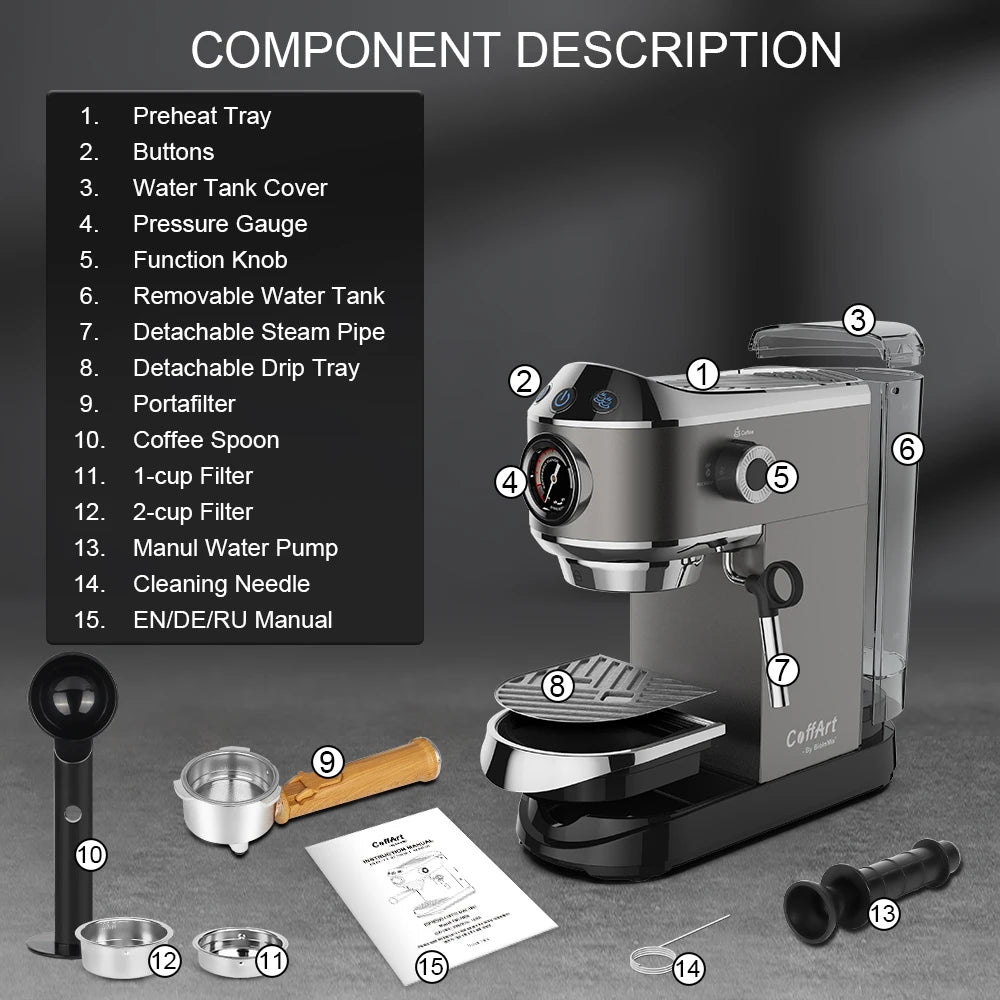 BioloMix Machine à café semi-automatique 20 bars avec buse vapeur pour le lait