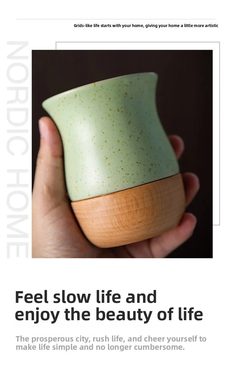 Mug à café vintage en grès avec soucoupe en bois - Céramique artisanale