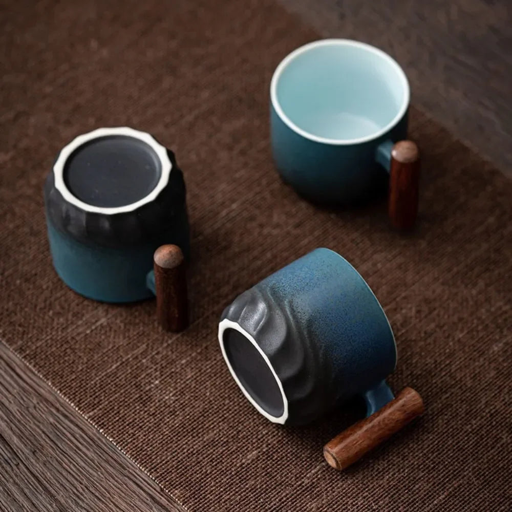 Tasse à café rétro en céramique avec filtre, poignée en bois, pour bureau