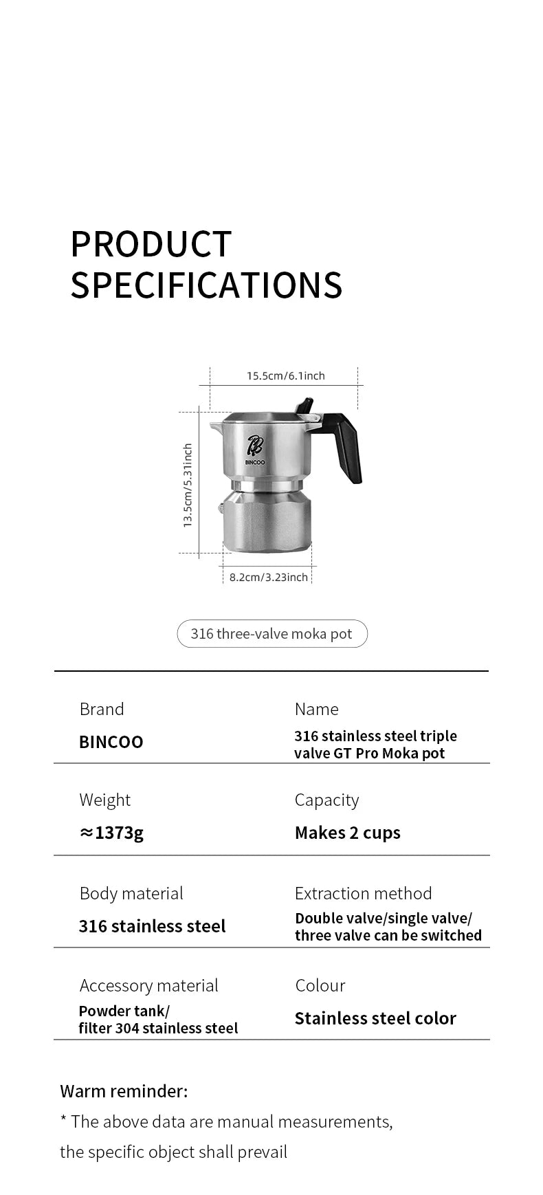 Bincoo Cafetière Mocha à Trois Valves en Acier Inoxydable 316, à Pression Concentrée