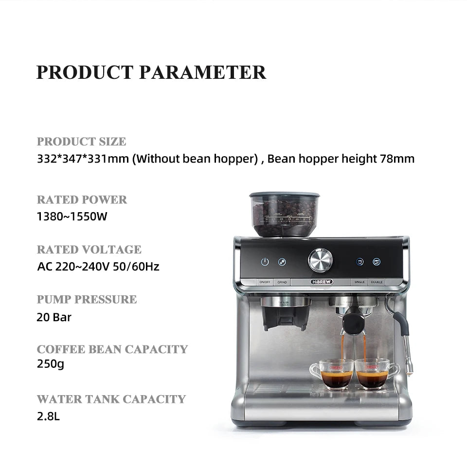 Machine à café HIBREW Barista Pro 20 bars, de la mouture à l'espresso