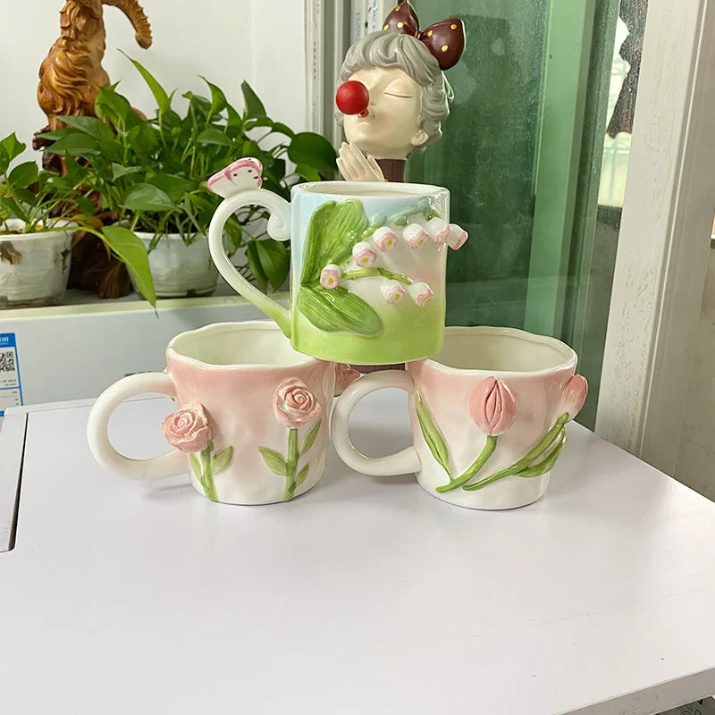 Tasse à café en céramique rose créative en relief motif tulipe pour fille, tasse à fleurs