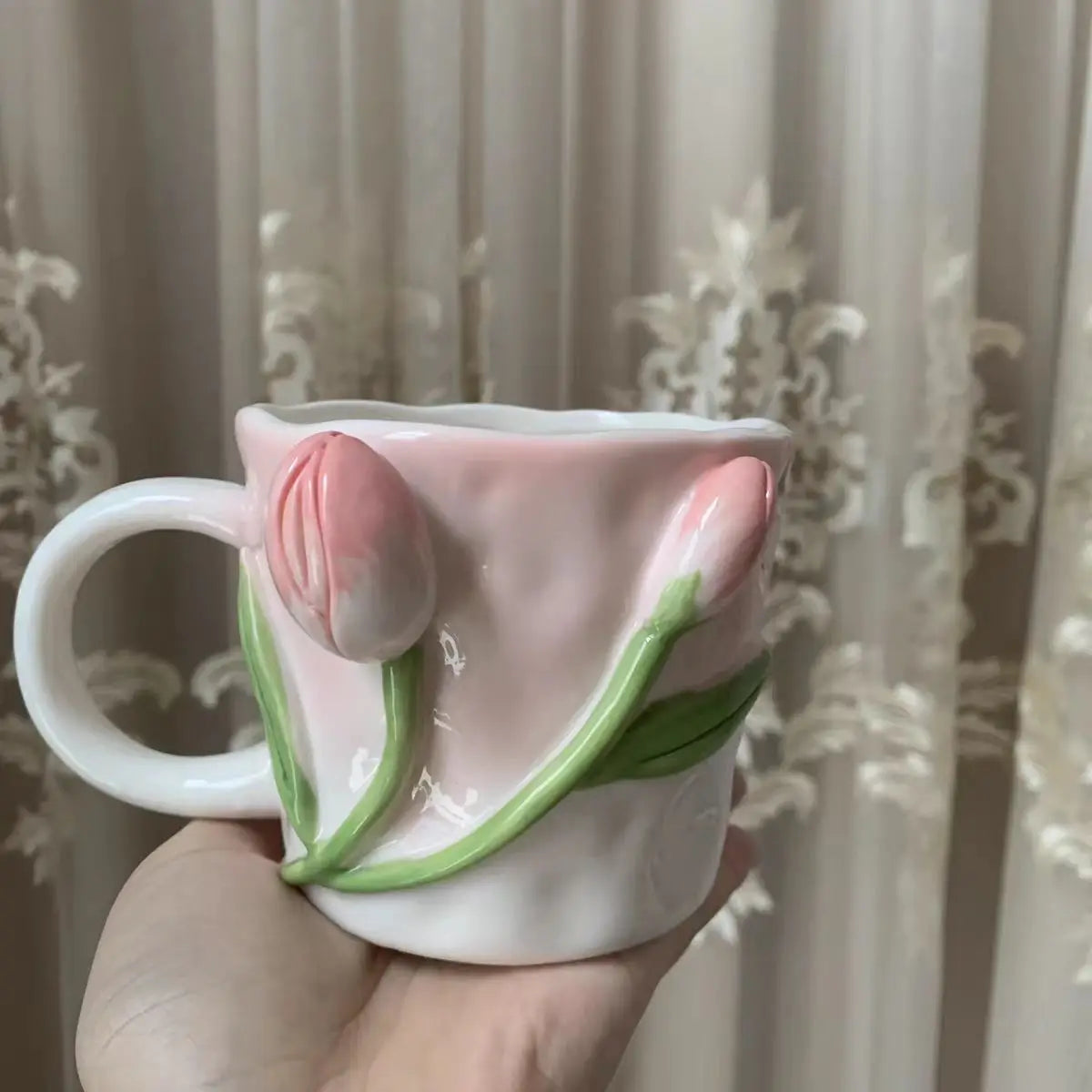 Tasse à café en céramique rose créative en relief motif tulipe pour fille, tasse à fleurs