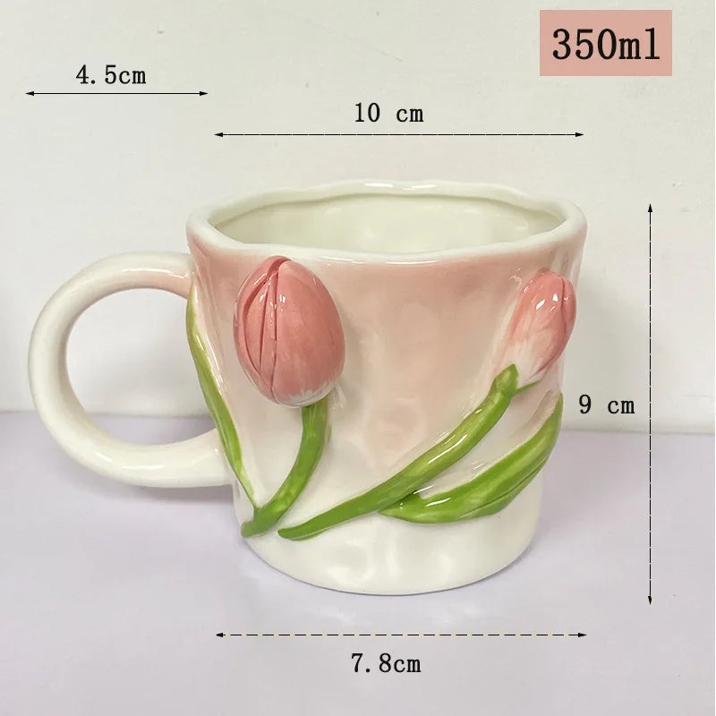 Tasse à café en céramique rose créative en relief motif tulipe pour fille, tasse à fleurs