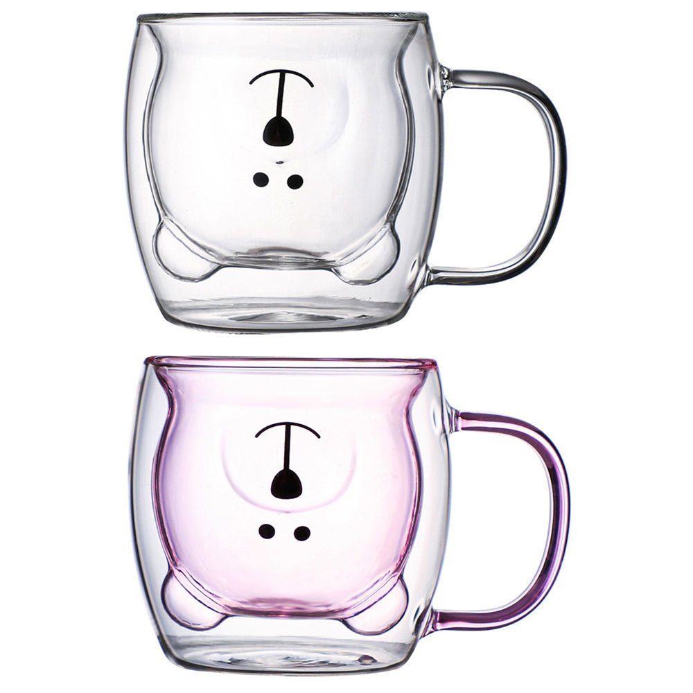 Mug à café double ours mignon avec poignée, tasse transparente mignonne pour lait jus thé