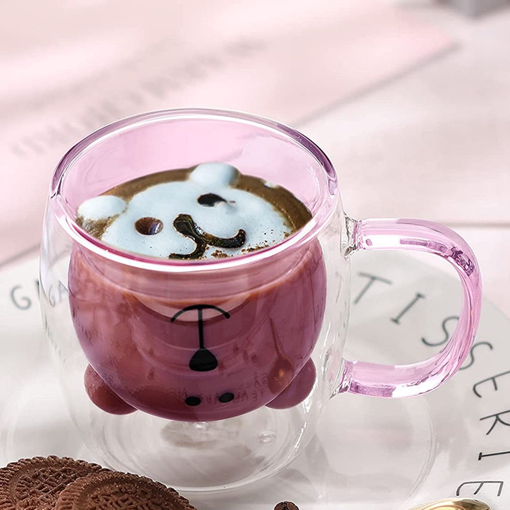 Mug à café double ours mignon avec poignée, tasse transparente mignonne pour lait jus thé