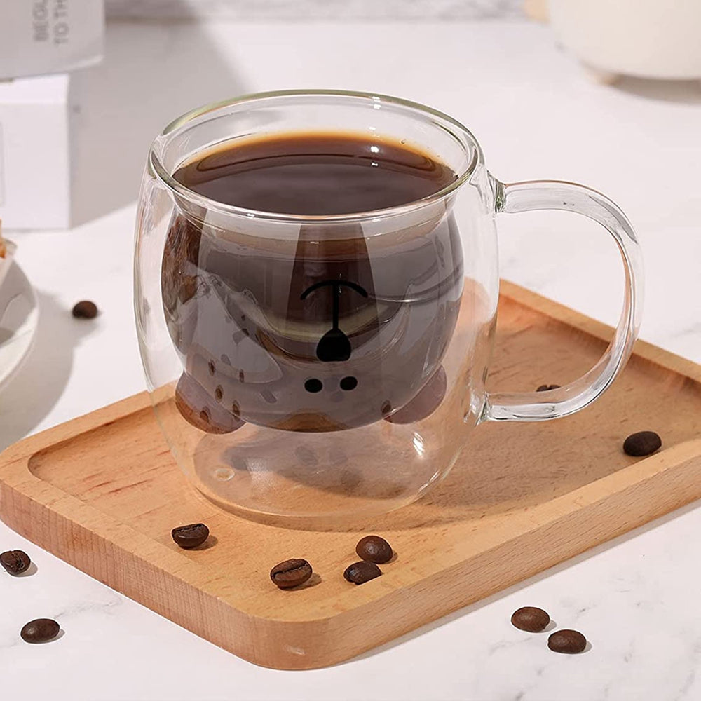 Mug à café double ours mignon avec poignée, tasse transparente mignonne pour lait jus thé